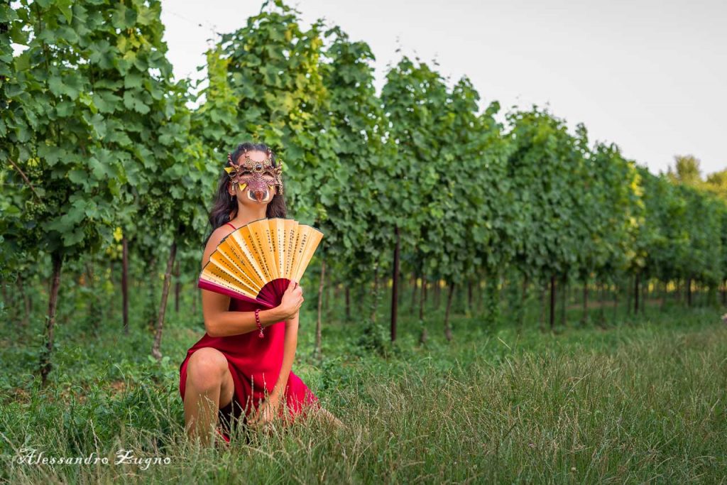 ragazza con vestito rosso nella Vigna nei Colli Euganei Servizio Fotografico di Danza