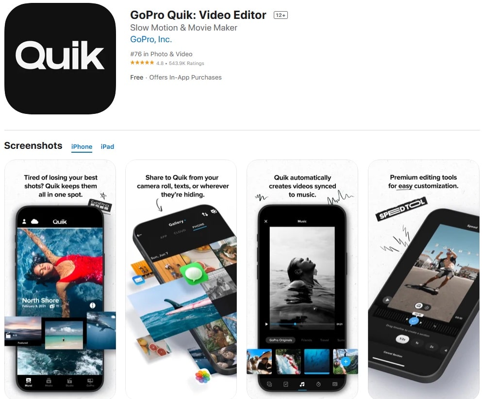 GoPro Quik app per post produzione video