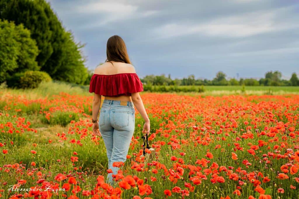 ritratto naturale realizzato in un campo di papaveri rossi